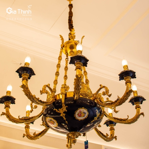 Đèn chùm Đồng bát đá cao cấp 8 tay màu xanh ngọc