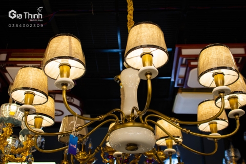 Đèn chùm gốm chao vải 8 tay