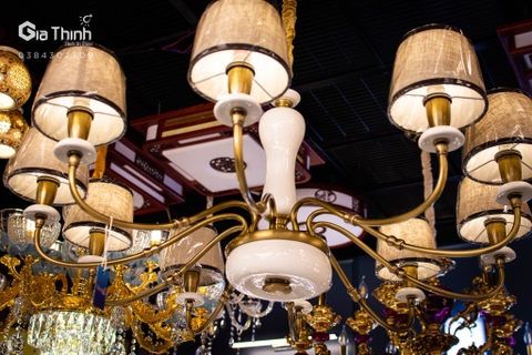 Đèn chùm gốm chao vải 10 tay