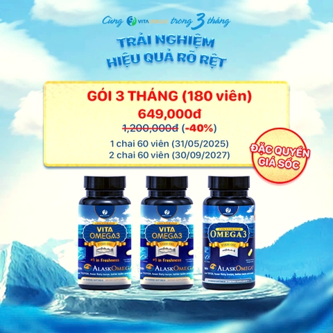 NHẬP MÃ GIẢM GIÁ để mua Gói Trải Nghiệm 3 tháng - 3 chai VitaOmega3 (Chai 60 viên)