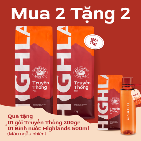 Mua 2 tặng 2 - Combo 2 Cà Phê Rang Xay Truyền Thống Highlands Coffee 1kg Tặng 01 gói cà phê 200g và 01 Bình nước Kita Slim Highlands 500ml