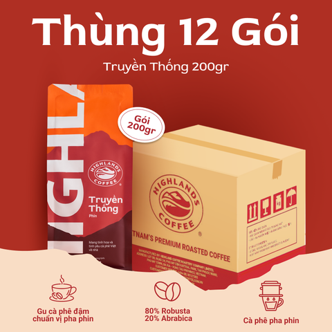 Thùng 12 gói Cà Phê Rang Xay Truyền Thống Highlands Coffee 200g/gói