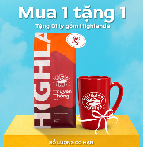 Mua 1 tặng 1 - Mua Cà Phê Bột Truyền Thống Highlands Coffee 1kg Tặng 1 ly sứ tráng men Highlands (quà kèm đơn hàng)