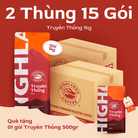 [Mua 2 Tặng 1] Mua 2 Thùng 15kg Cà Phê Truyền Thống Highlands Coffee 1kg tặng 1 gói Truyền thống 500g