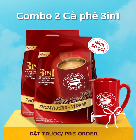 [Mua 2 tặng 1] Combo 2 túi Cà phê sữa hòa tan 3in1 Highlands Coffee (50 gói x 17g) tặng 01 ly sứ tráng men Highlands