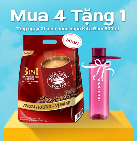 [SALE GIỮA THÁNG Mua 4 tặng 1]Combo 4 Cà phê sữa hòa tan 3in1 Highlands Coffee (50 gói x 17g) tặng bình nước Kita