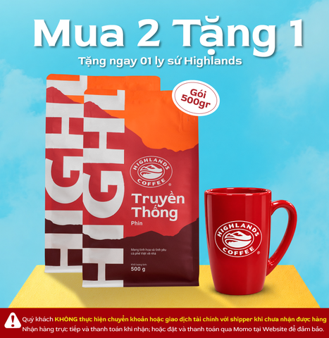 [Mua 2 tặng 1] Combo 2 Túi Cà Phê Rang Xay Truyền Thống Highlands Coffee 500g tặng ly gốm Highlands