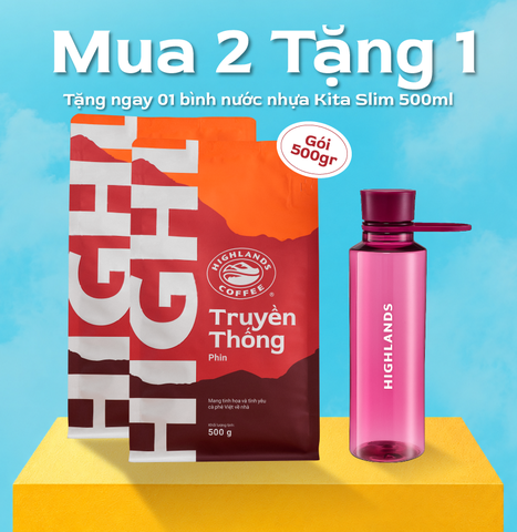[Mua 2 Tặng 1] Mua 2 Túi Cà Phê Rang Xay Truyền Thống Highlands Coffee 500g tặng Bình nước nhựa Highlands 500ml