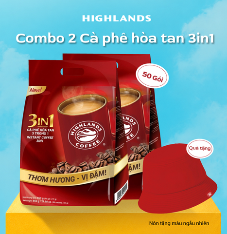 [Mua 2 tặng 1 nón bucket Highlands] Combo 2 túi Cà phê sữa hòa tan 3in1 Highlands Coffee (50 gói x 17g)