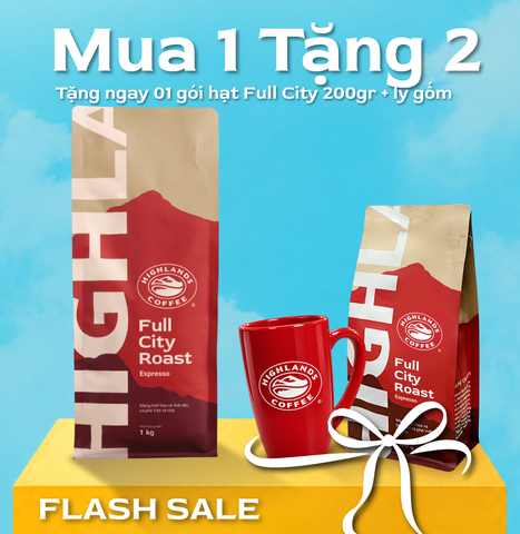 [Flash Sale: Mua 1 tặng 2 - Mua Cà Phê Hạt Full City Roast Highlands Coffee 1kg tặng 01 cà phê hạt 200g và ly gốm tráng men Highlands