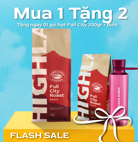FlashSale- Mua 1 tặng 2 - Mua Cà Phê Hạt Full City Roast Highlands Coffee 1kg tặng 01 cà phê hạt 200gr và bình nước Highlands(quà kèm đơn hàng)