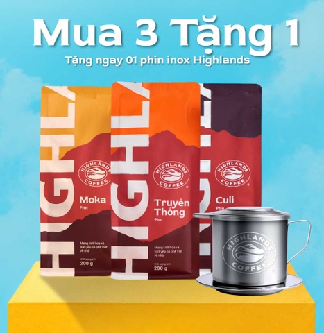 [HOT DEAL- Tặng 01 phin inox Highlands] Combo Trọn vị Highlands gồm 3 gói cà phê rang xay Highlands Coffee 200g Truyền Thống- Moka- Culi