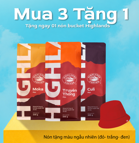 [HOT DEAL- Tặng 01 nón Highlands] Combo Trọn vị Highlands gồm 3 gói cà phê rang xay Highlands Coffee 200g Truyền Thống- Moka- Culi