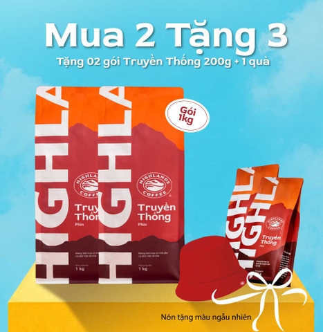 [TIỆC SALE THƯƠNG HIỆU. MUA 2 TẶNG 3- Cà phê Bột Truyền Thống 1kg Tặng 2 gói Truyền thống 200g và 1 nón bucket Highlands (quà tặng kèm đơn hàng)