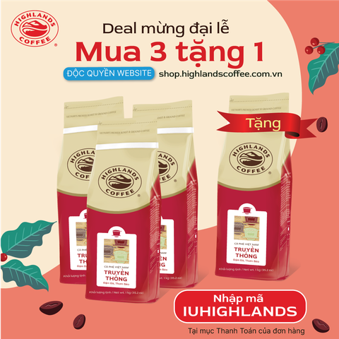 [MUA 3 TẶNG 1] Nhập mã IUHIGHLANDS - Cà phê bột Truyền Thống Highlands Coffee 1kg