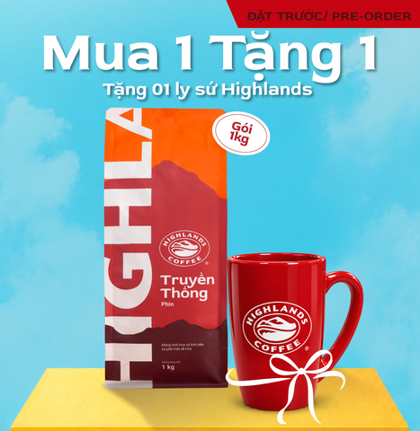 Mua 1 tặng 1 - Mua Cà Phê Bột Truyền Thống Highlands Coffee 1kg Tặng 1 ly sứ tráng men Highlands (quà kèm đơn hàng)