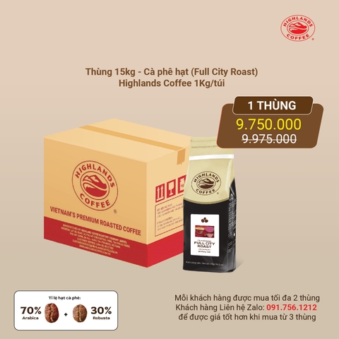 Thùng 15Kg Cà phê hạt Full City Roast Highlands Coffee 1kg