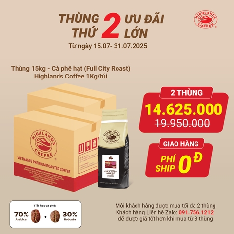 Combo 2 - Thùng 15Kg Cà phê hạt Full City Roast Highlands Coffee 1kg