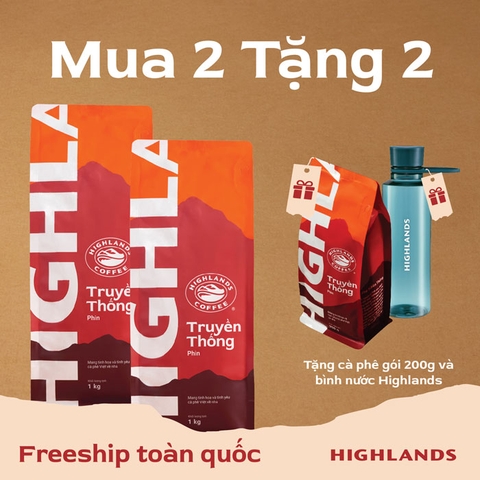 Mua 2 tặng 2 - Combo 2 Cà Phê Rang Xay Truyền Thống Highlands Coffee 1kg Tặng 01 gói cà phê 200g và 01 Bình nước Kita Slim Highlands 500ml