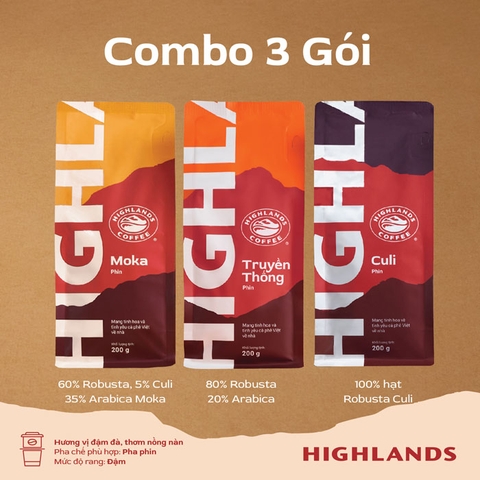 Combo 3 gói cà phê rang xay Highlands Coffee 200g