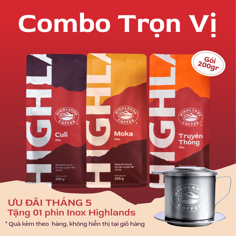 [HOT DEAL- Tặng 01 phin inox Highlands] Combo Trọn vị Highlands gồm 3 gói cà phê rang xay Highlands Coffee 200g Truyền Thống- Moka- Culi