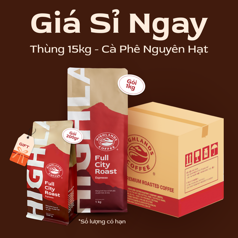 [Mua 1 thùng tặng thêm 01 gói 200g cùng loại] Thùng 15Kg Cà phê hạt Full City Roast Highlands Coffee 1kg