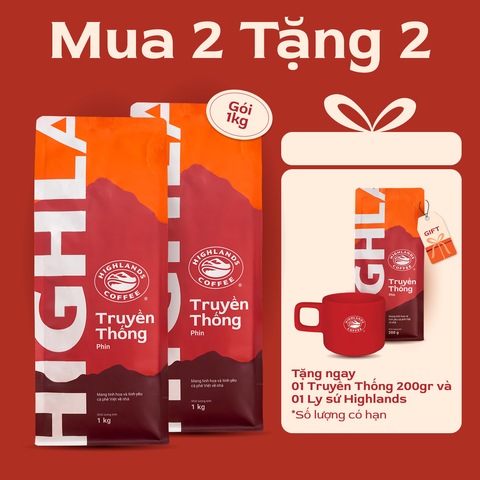 MUA 2 TẶNG 2- Cà phê Bột Truyền Thống 1kg Tặng 1 gói Truyền thống 200g và 1 ly sứ màu ngẫu nhiên (quà tặng kèm đơn hàng)
