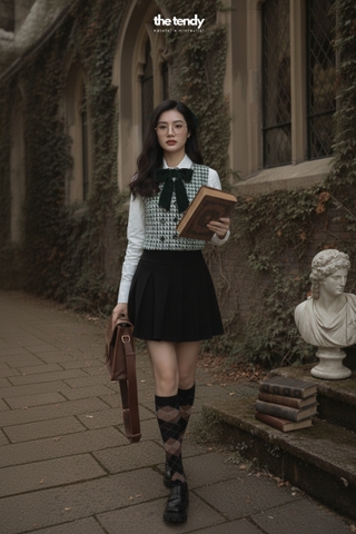 Áo gile dạ tweed caro xanh lá Zava, cúc trước ngực, form croptop