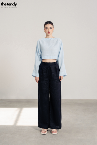 Áo kiểu croptop linen Billie, cổ thuyền, tay dài, màu xanh ngọc