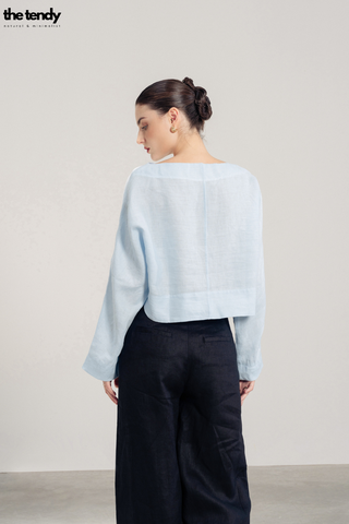 Áo kiểu croptop linen Billie, cổ thuyền, tay dài, màu xanh ngọc