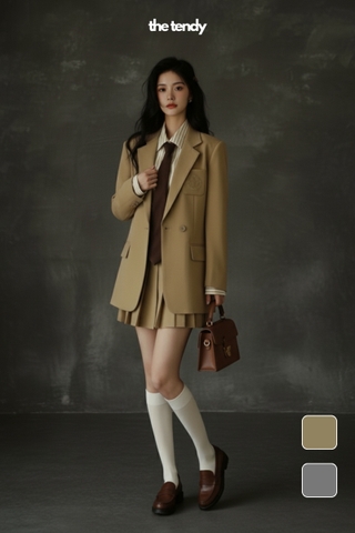 Áo blazer nữ thiết kế Lynx tay dài, hai màu ghi/nâu, phong cách preppy