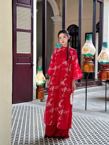 Áo dài cách tân BÁCH LIÊN dáng suông, chất tơ thêu hoa, thân áo có 2 lớp