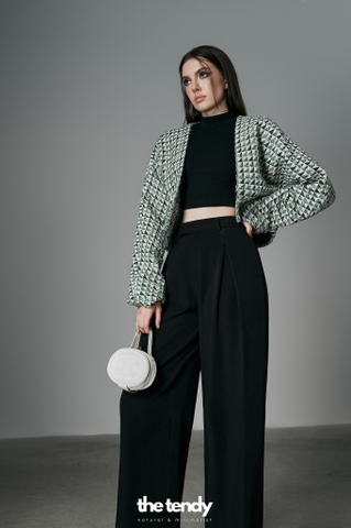 Áo dạ tweed dài tay Kimono dáng croptop, họa tiết caro xanh lá