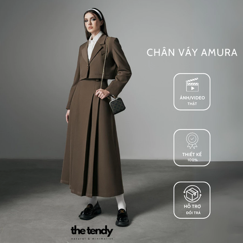 Chân váy Amura dáng dài chữ A, khóa lệ ở sườn, 3 màu nâu/trắng/đen