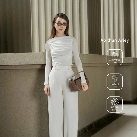 Áo thun ARLEY dài tay màu trắng, chất cotton, có nhún sườn