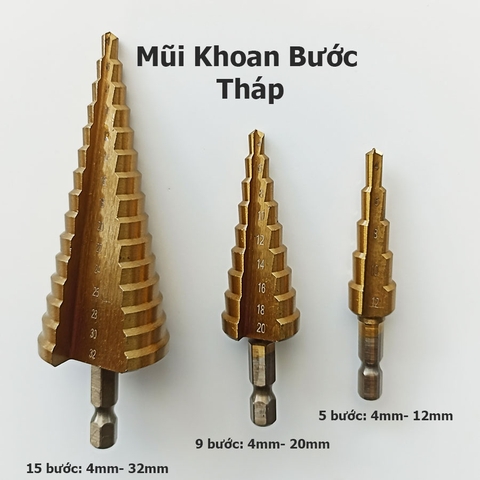 Bộ 3 mũi khoan bước tháp HSS 4241 phủ Titan, Đường kính từ 4 - 32mm