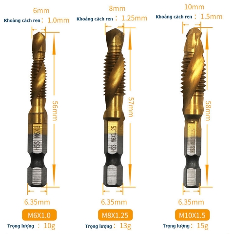 Bộ 6 mũi khoan taro từ M3-M10 thép HSS4341 Phủ Titanium