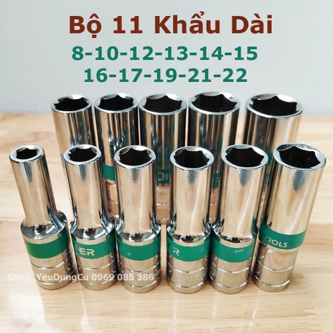 Combo 11 Đầu Khẩu Dài 1/2 Sâu Lòng hiệu GF - Bộ Đầu Tuýp dài 8cm bằng thép Chrome Vanadium