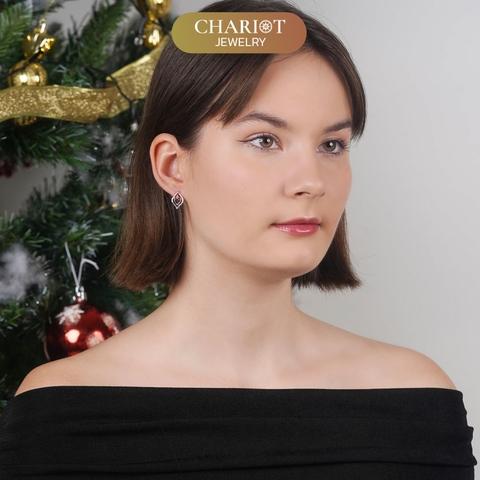 Khuyên tai bạc s925 ECJ03 hình thoi, đính đá xinh xắn cho nữ s925 ChariotJewelry