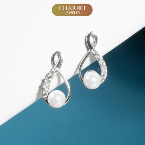 Khuyên tai bạc ECJ61 dáng xoắn điểm ngọc trai tinh tế ChariotJewelry