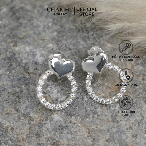 Khuyên tai bạc ECJ06 trái tim, đính đá thanh lịch dành cho nữ ChariotJewelry