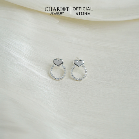 Khuyên tai bạc ECJ06 trái tim, đính đá thanh lịch dành cho nữ ChariotJewelry
