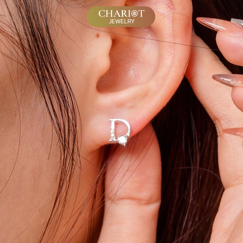 Khuyên tai nữa bạc s925 ECJ07 chữ D, đính đá xinh xắn ChariotJewelry