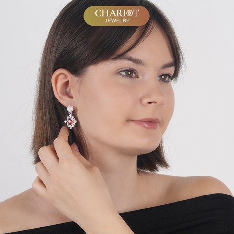 Khuyên tai bạc ECJ68 đính đá ruby đỏ dáng thả cho nữ, s925 Chariot Jewelry