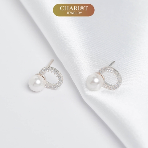 Khuyên tai bạc ECJ44 s925  dáng tròn ôm tai đính ngọc trai thanh lịch, ChariotJewelry