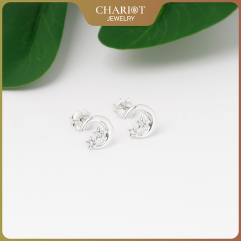 Khuyên tai bạc ECJ48 s925 kiểu basic vầng trăng & 2 vì sao thanh lịch, ChariotJewelry