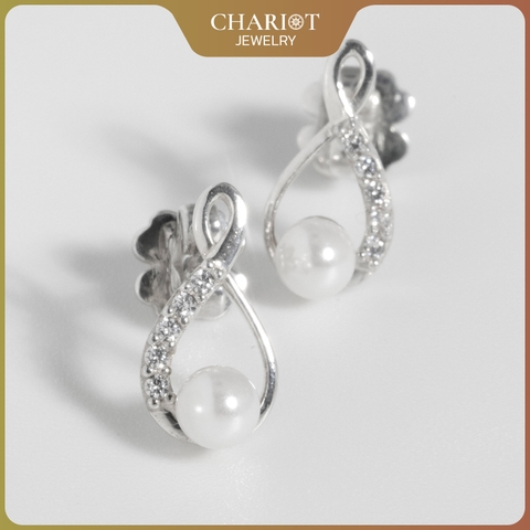 Khuyên tai bạc ECJ61 dáng xoắn điểm ngọc trai tinh tế ChariotJewelry