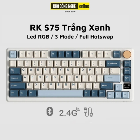 RK S75 - Bàn phím cơ Royal Kludge RK S75 có Núm, hỗ trợ Hotswap, 3 Modes, Full Foam, Gasket Mount, Màn Hình Led