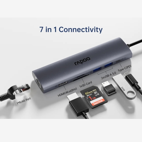 Hub chuyển đổi RAPOO XD71 7in1 - Type C to HDMI 4K, USB 3.0, TF/SD Card, RJ45, PD
