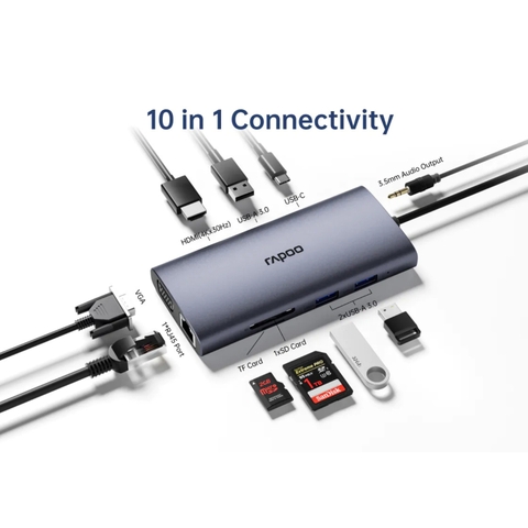 Hub chuyển đổi RAPOO XD101 10in1 - To VGA, HDMI 4K, USB 3.0, TF/SD Card, RJ45, PD, Audio
